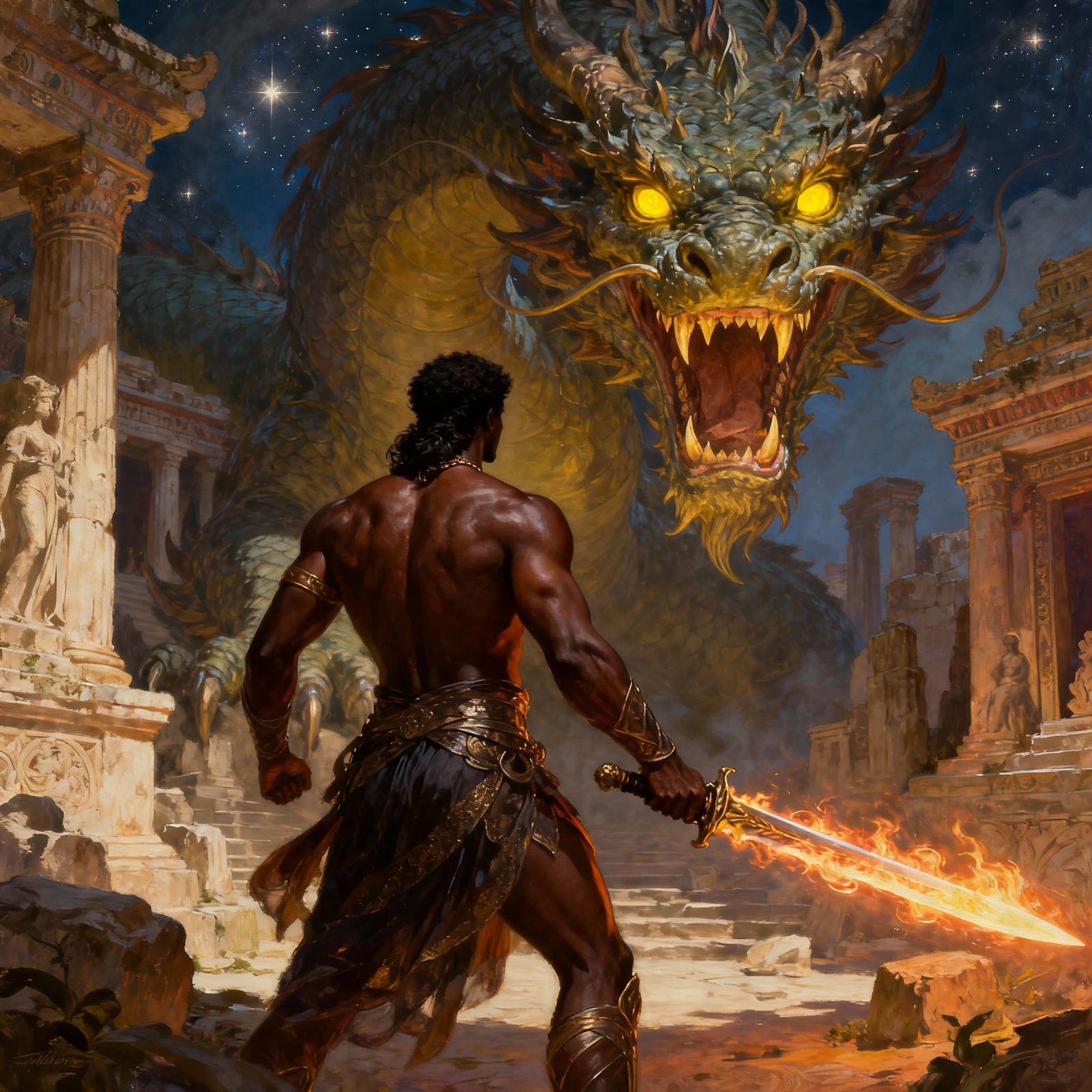 Warrior God Battles Ferocious Dragon in Temple Ruins