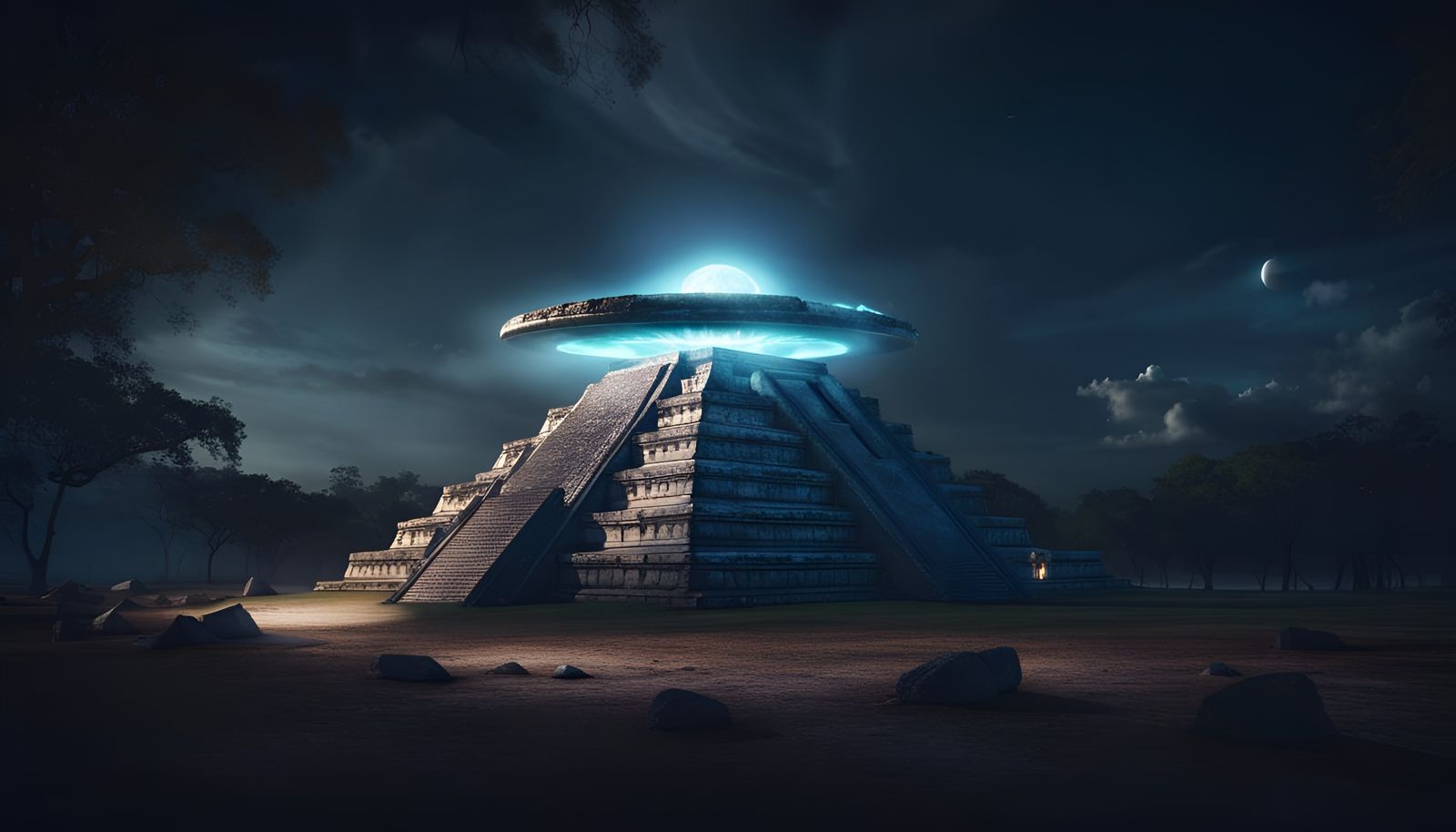 Flying Saucer Over Chichen Itza Ruins at Night