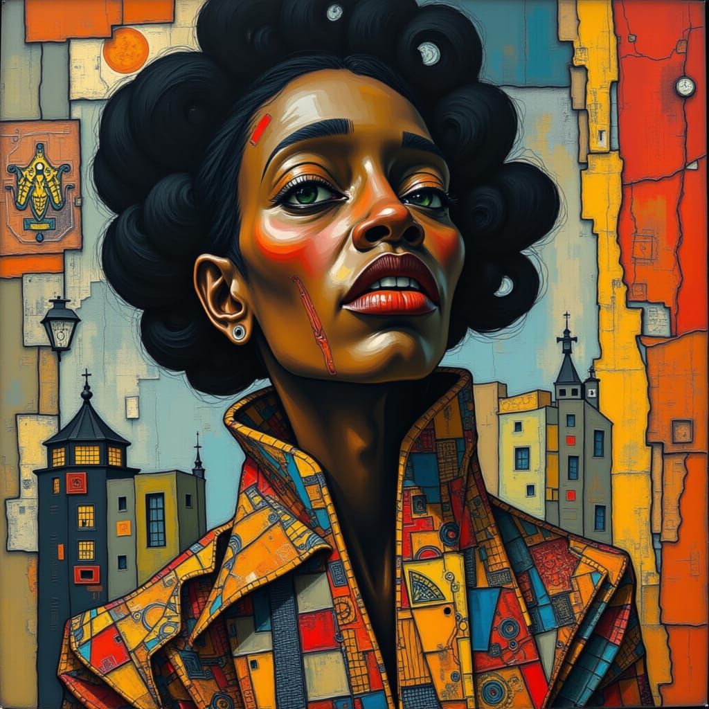 Elegant Woman in Intricate Outfit, Mixed-Media Art