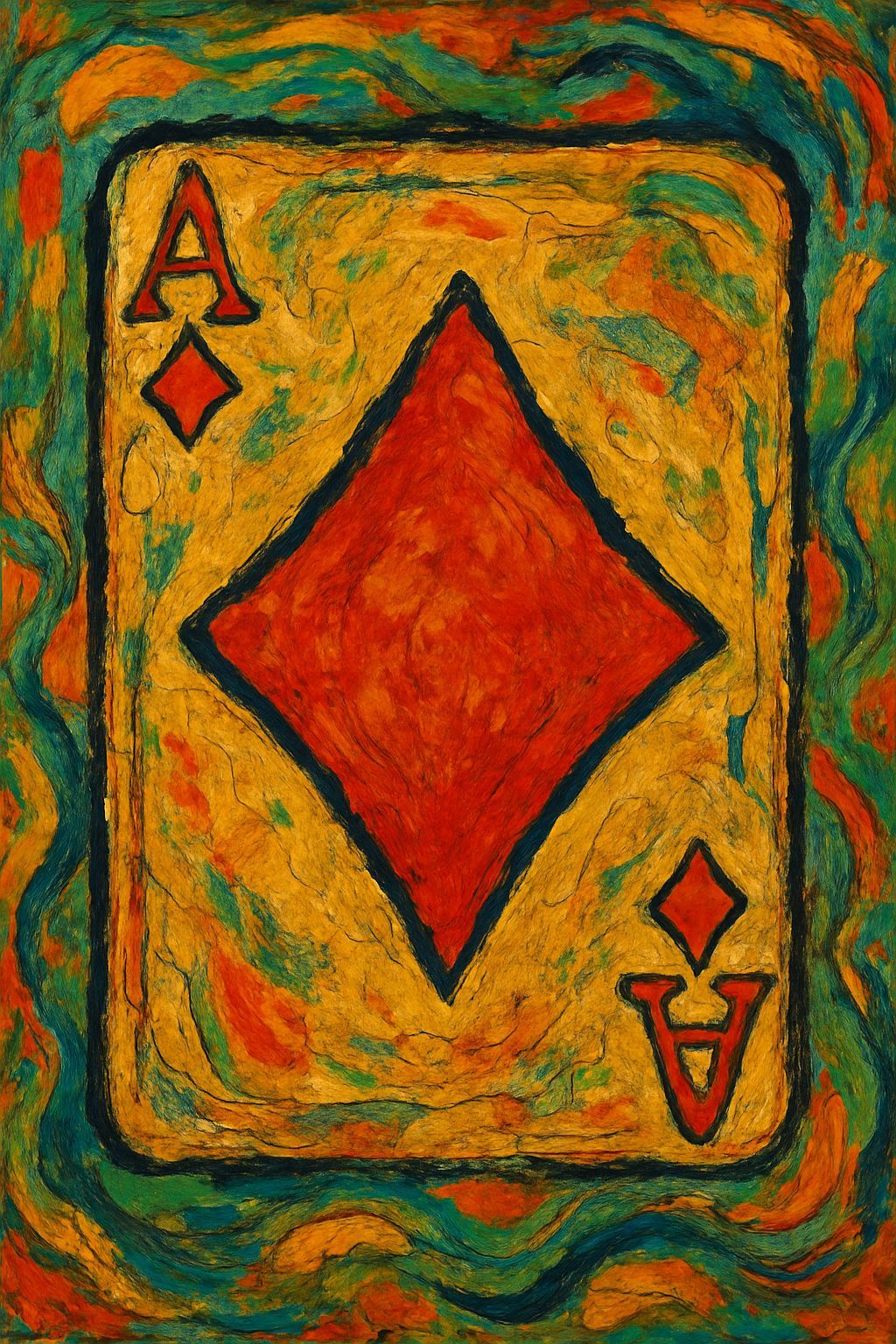 Abstract Ace of Diamonds in Folk Art Style