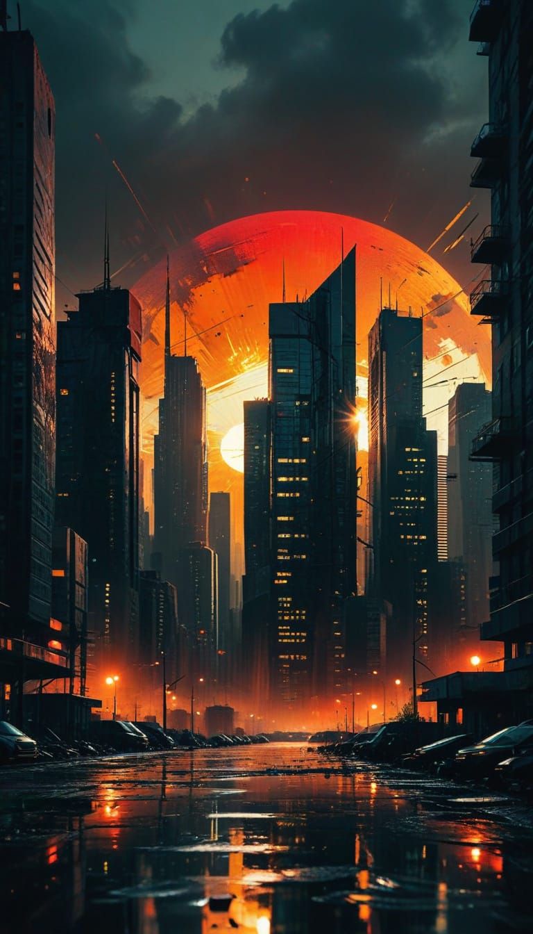 Retro-Futuristic Cityscape at Dusk in Impressionistic Oil Pa...