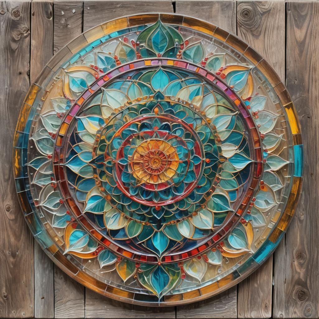 Glass Mandala on Rustic Table as Impasto Painting