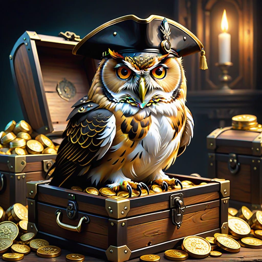 Wise Owl Guarding Treasure in Oil Painting Style