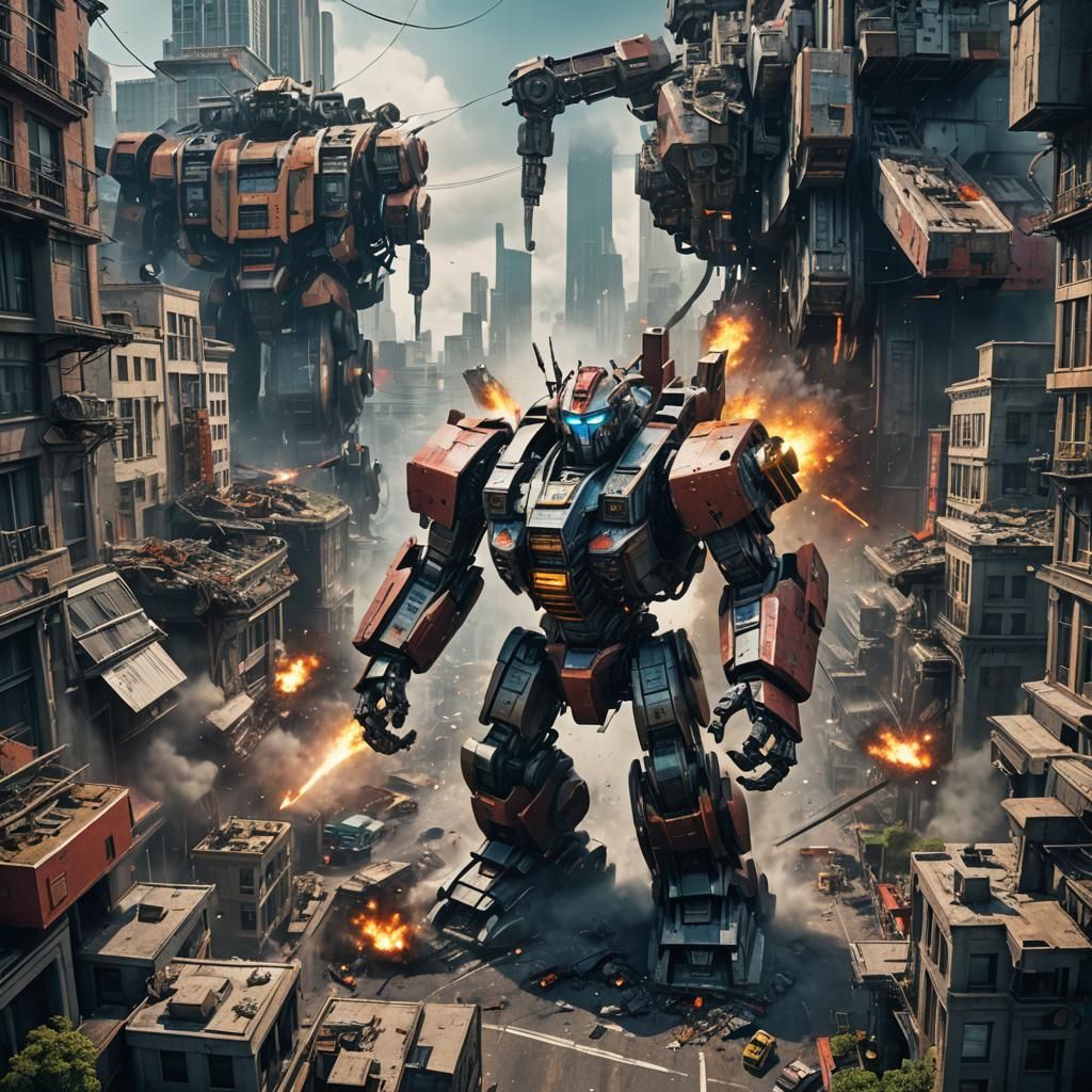 Giant Robot City Destruction in Detailed Matte Painting