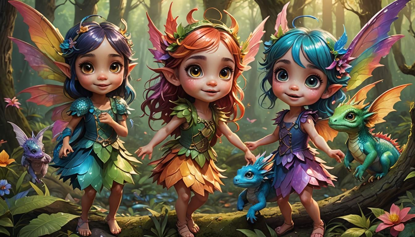 Colorful Fairies and Dragons Dancing in Forest