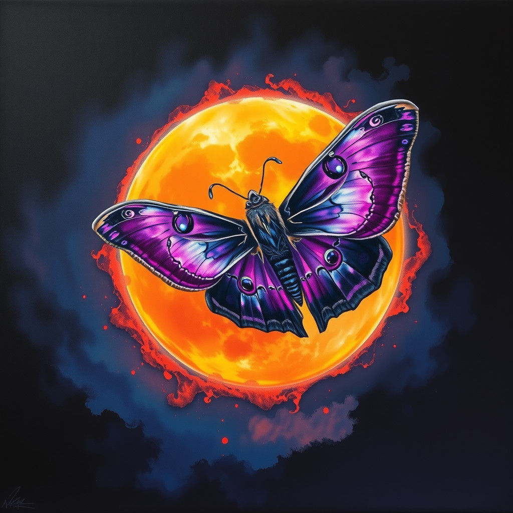 Iridescent Moth and Lunar Eclipse in Dreamlike Style