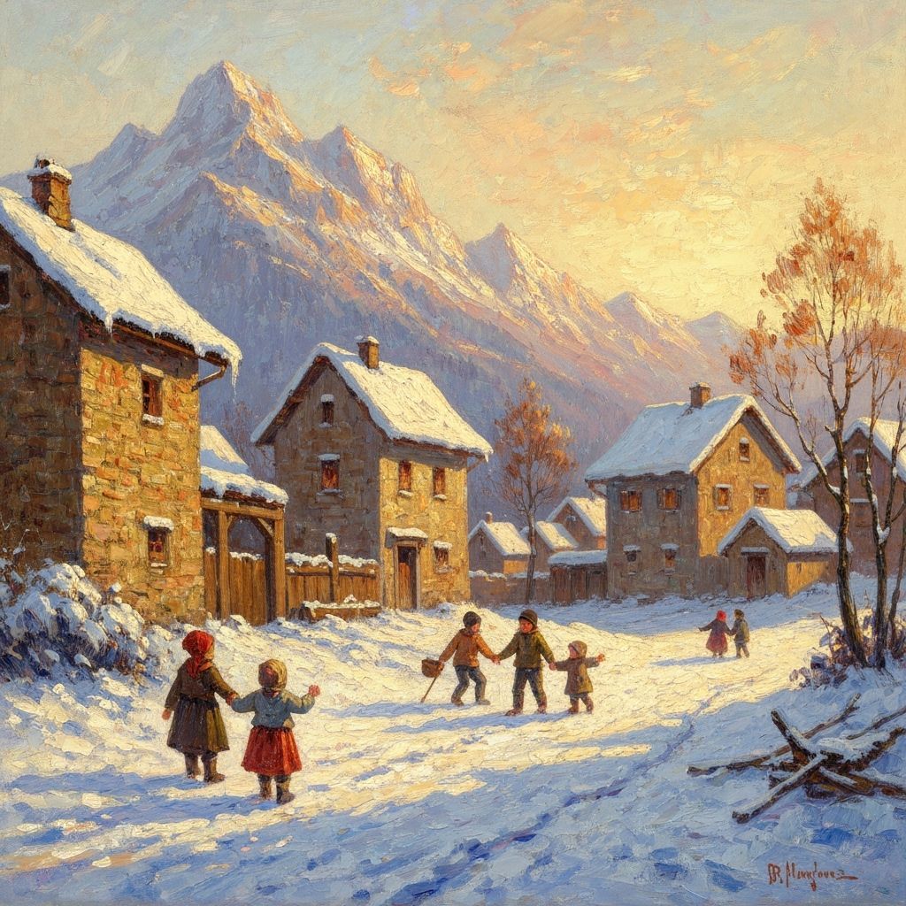 Children Play in Snowy Village: Impressionist Oil Painting