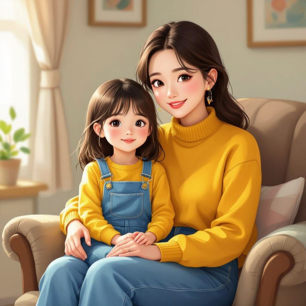 Girl in Overalls with Korean Woman, Digital Painting
