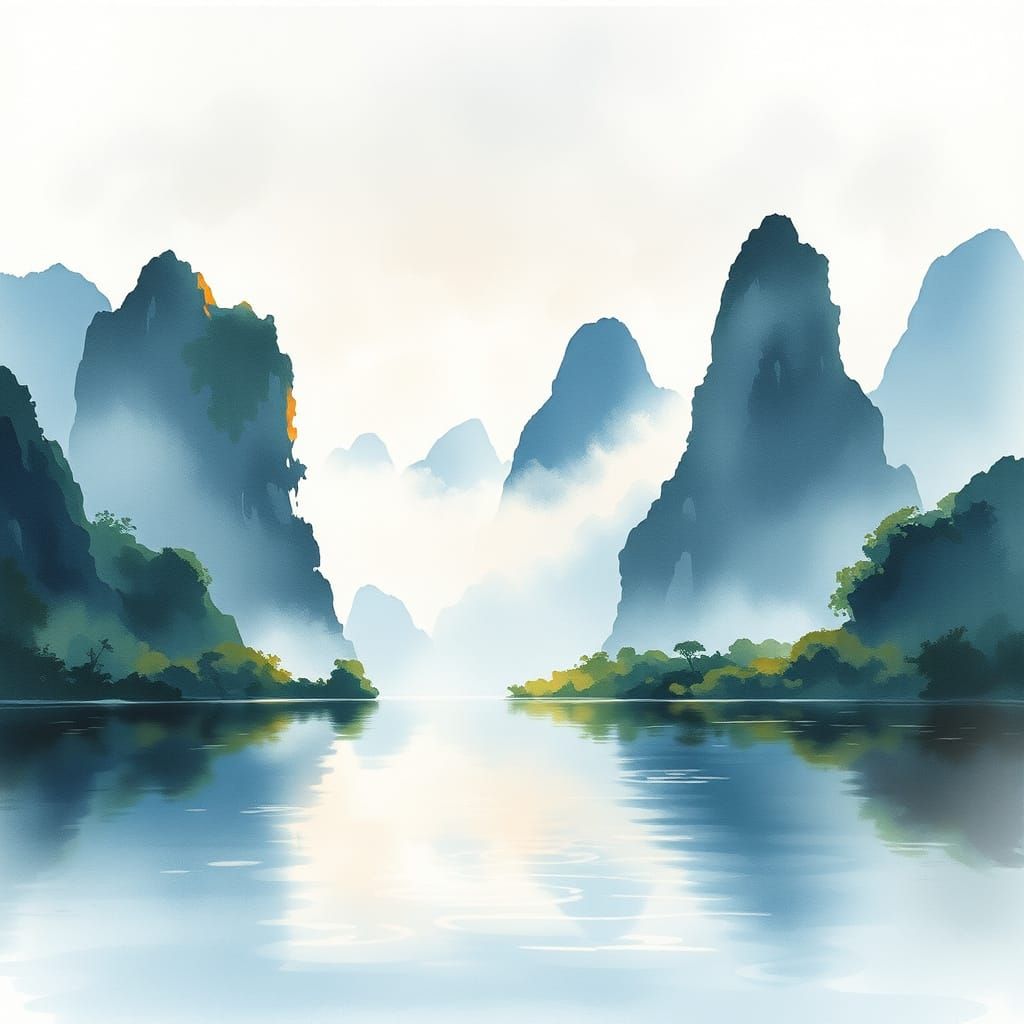 Ethereal Watercolor Landscape with Majestic Karst Peaks