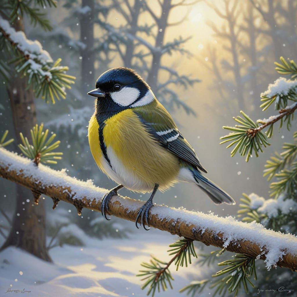 Whimsical Winter Scene of a Great Tit in Oil Painting Style