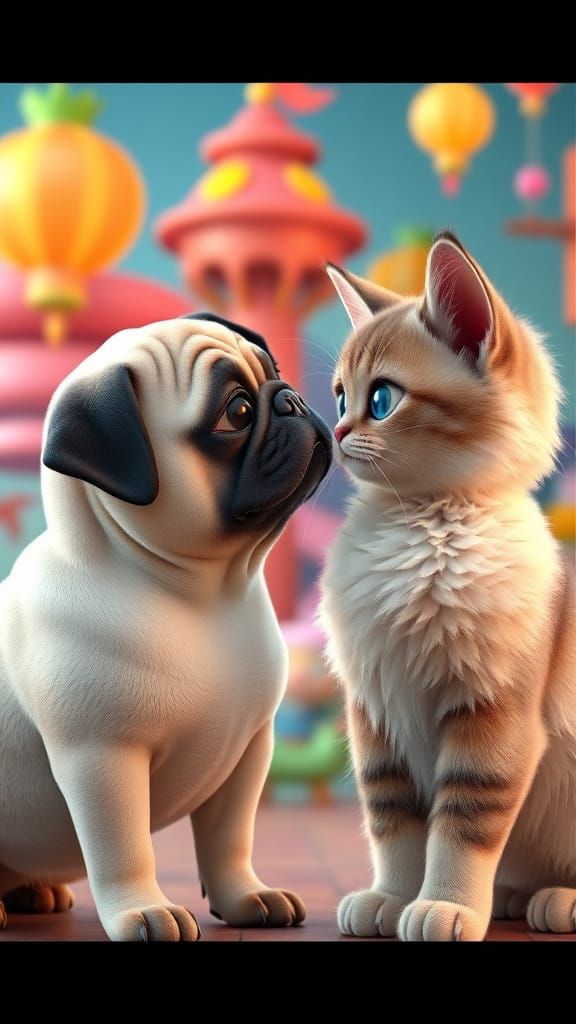 Adorable Pug and Cat in Whimsical 3D Style