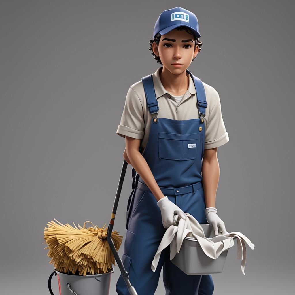 Hispanic Janitor in 3D Anime Style
