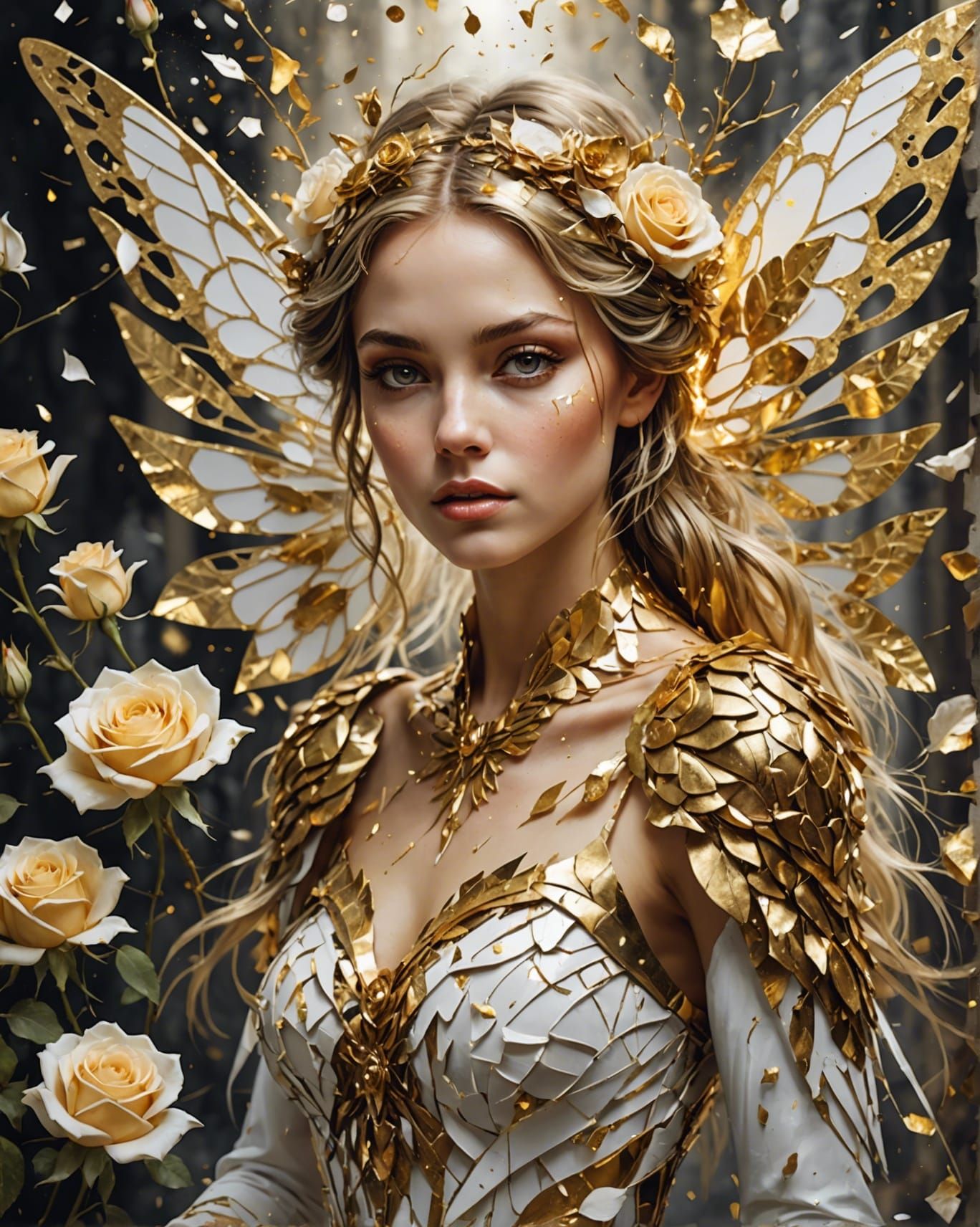 Gorgeous Golden Fairy with Roses in Watercolor Style