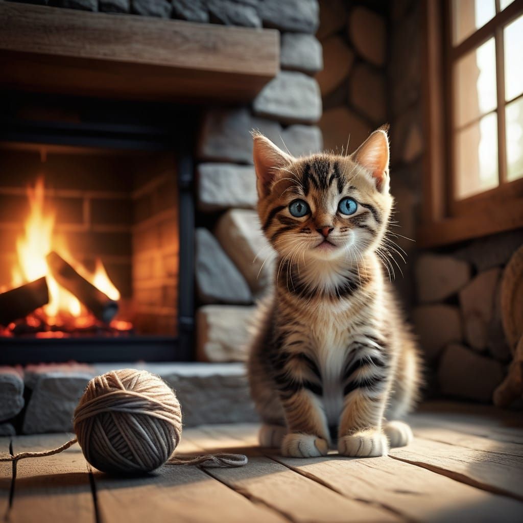 Cozy European Tabby Kitten Plays Near Warm Fireplace in Rust...
