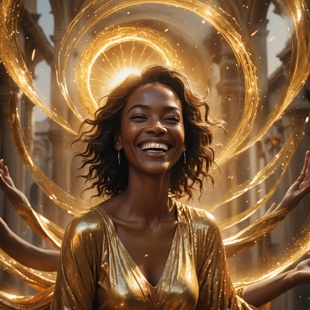 Joyful Woman Bathed in Golden Aura