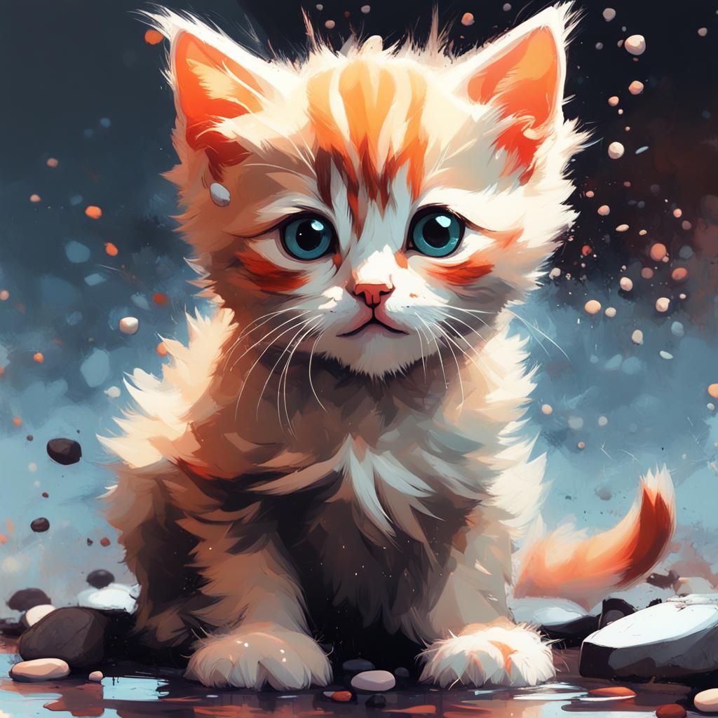 Adorable Pebble Kitten with Angel Theme, Digital Art