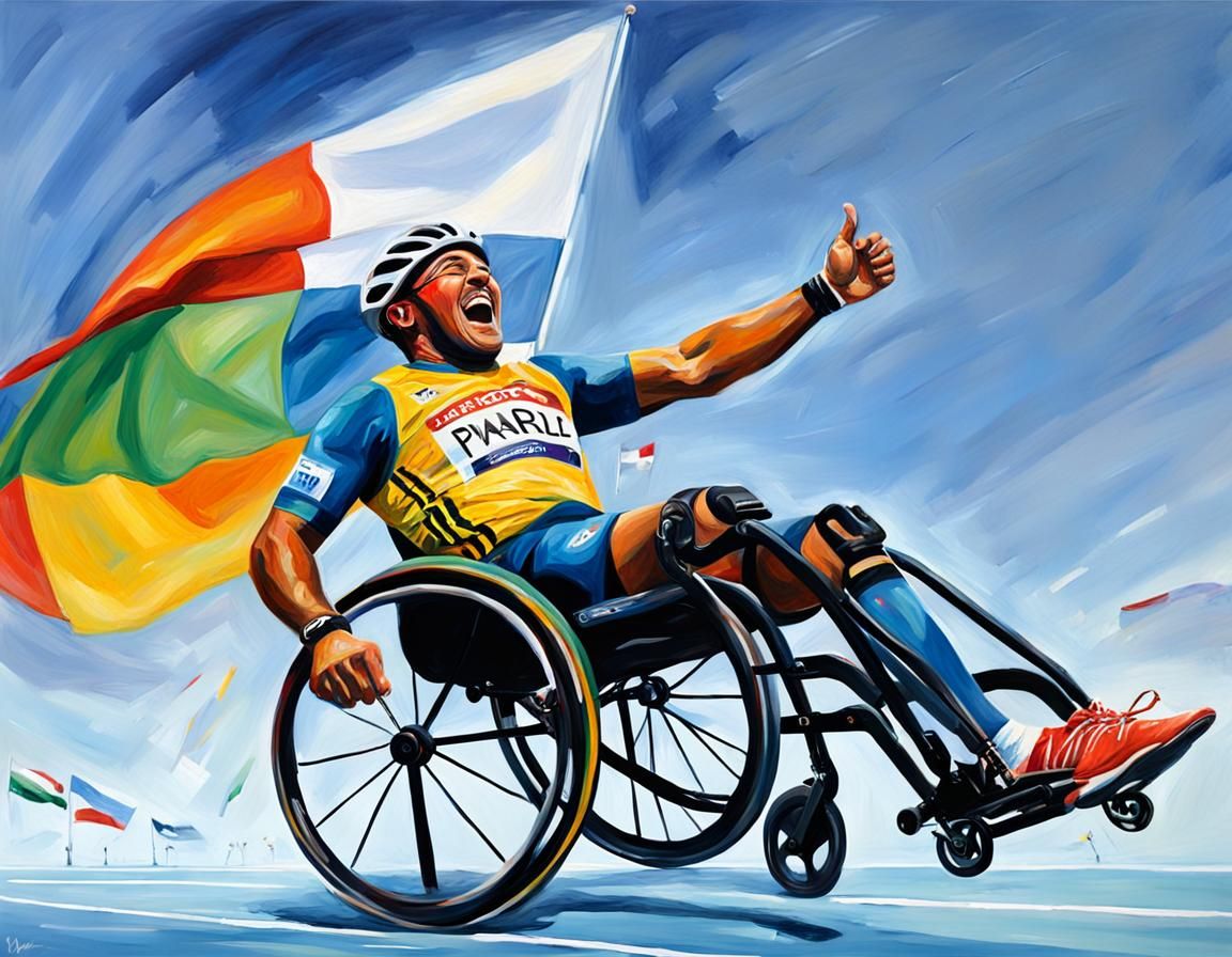 Elated Paralympian Wins Race: Colorful Oil Painting