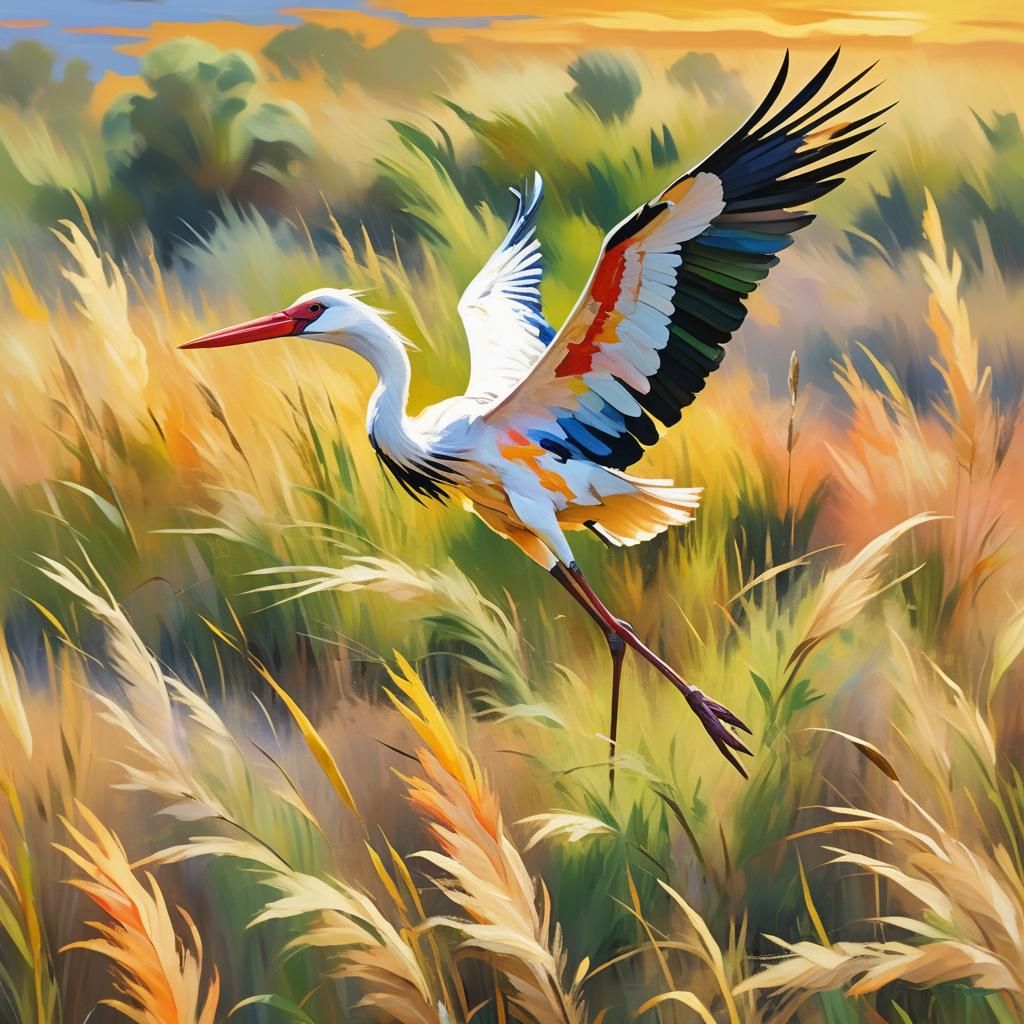 Stork in Flight: Fauvist Wildlife Art