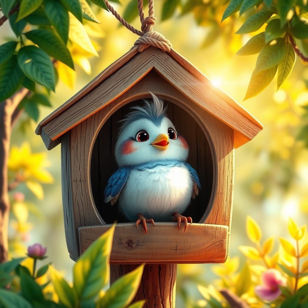 Happy Bird in Cozy Birdhouse: 3D Digital Art