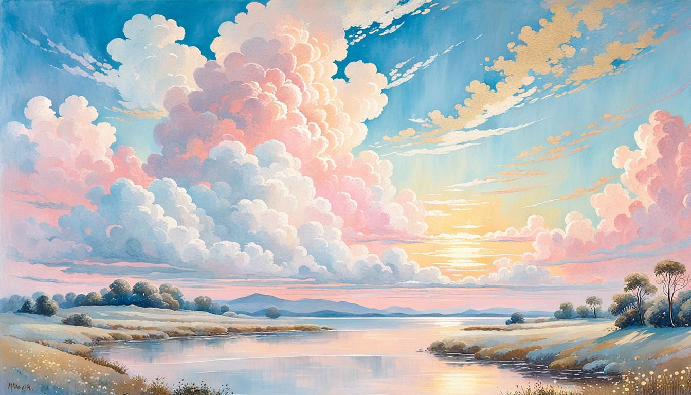 Ethereal Landscape with Illuminated Clouds in Pastel Colors