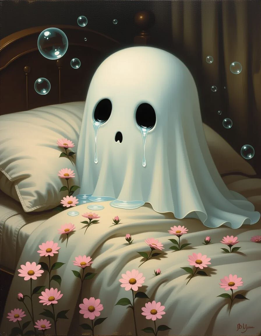Ethereal Ghost Crying Flowers in Vintage Bed Oil Painting