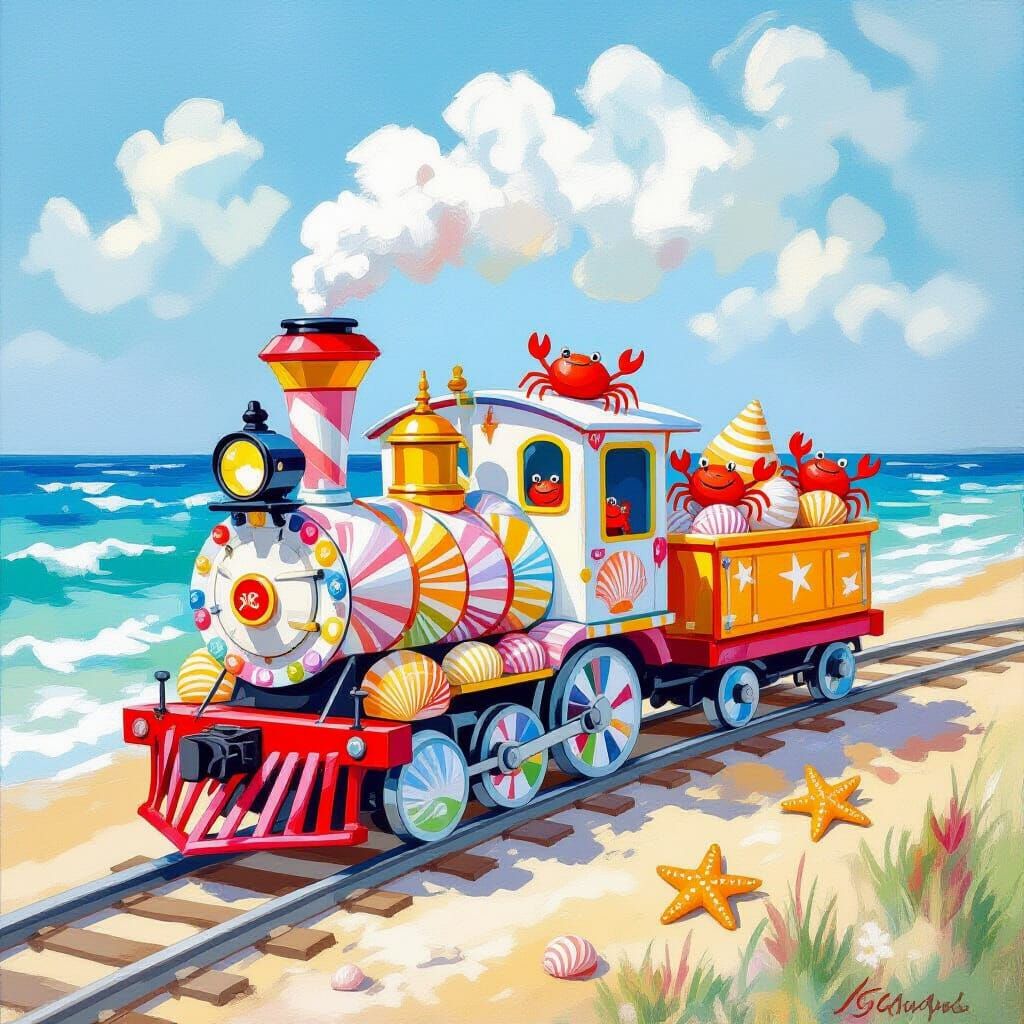Seashell Train with Crabs and Starfish, Impressionist Style