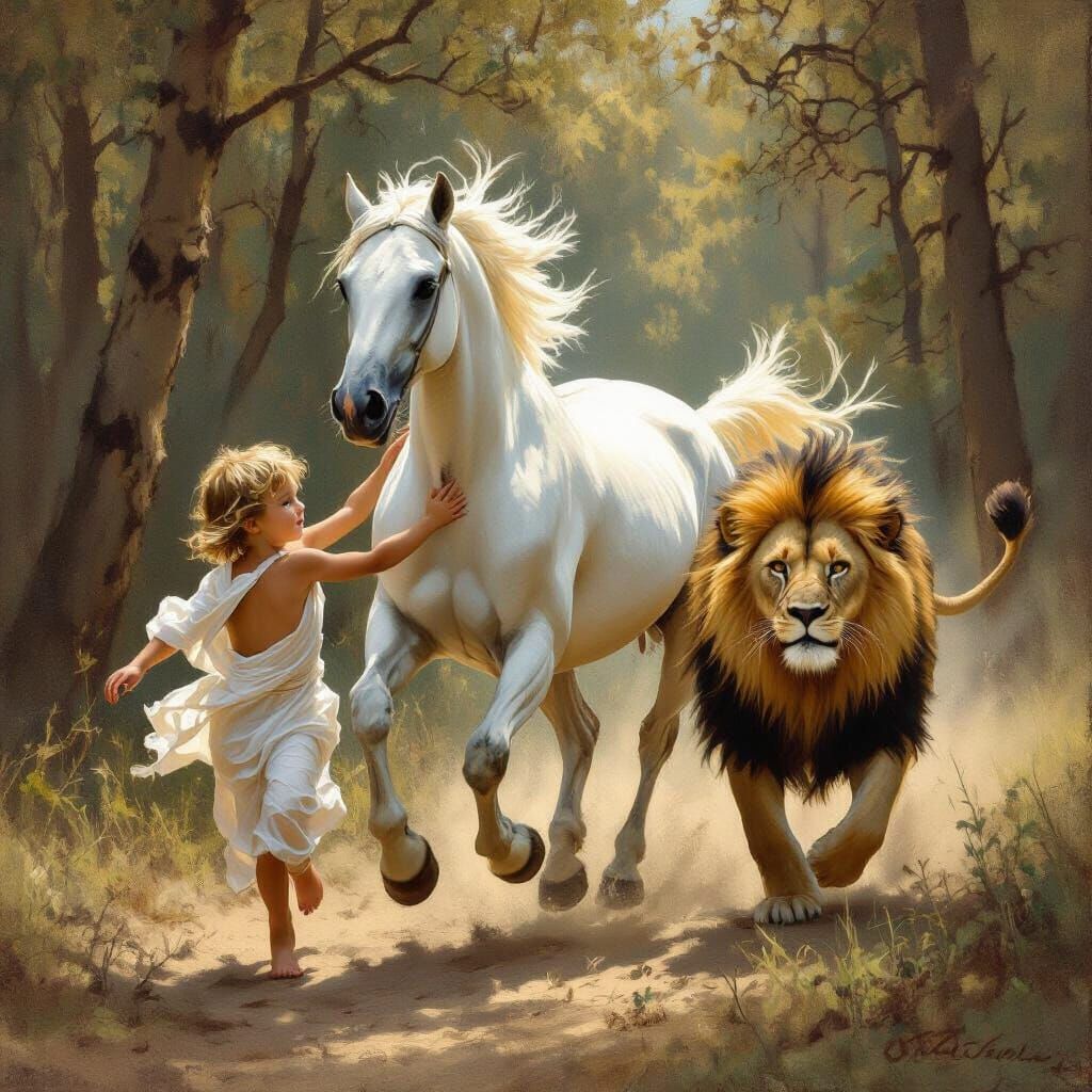 Child on Horseback Pursued by Lion in Forest Painting