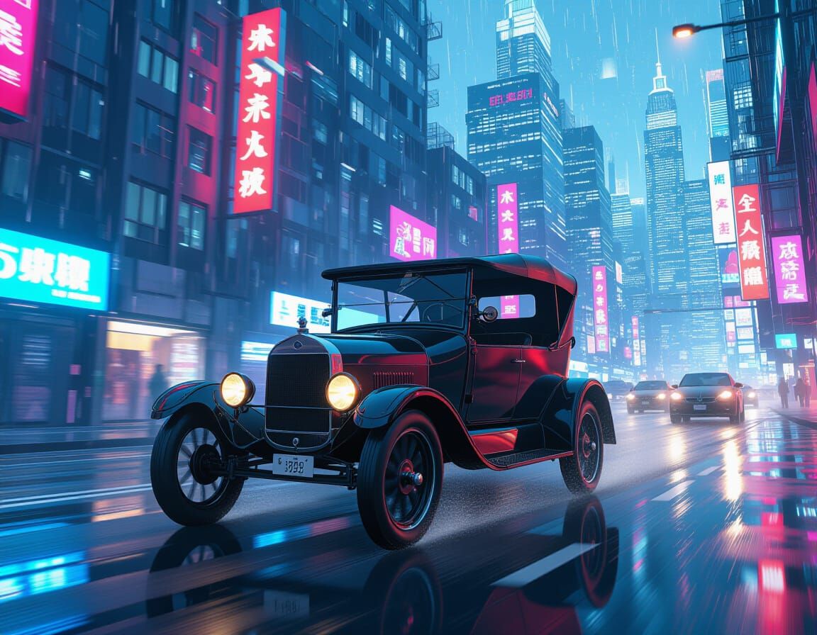 Ford Model T in Cyberpunk Cityscape