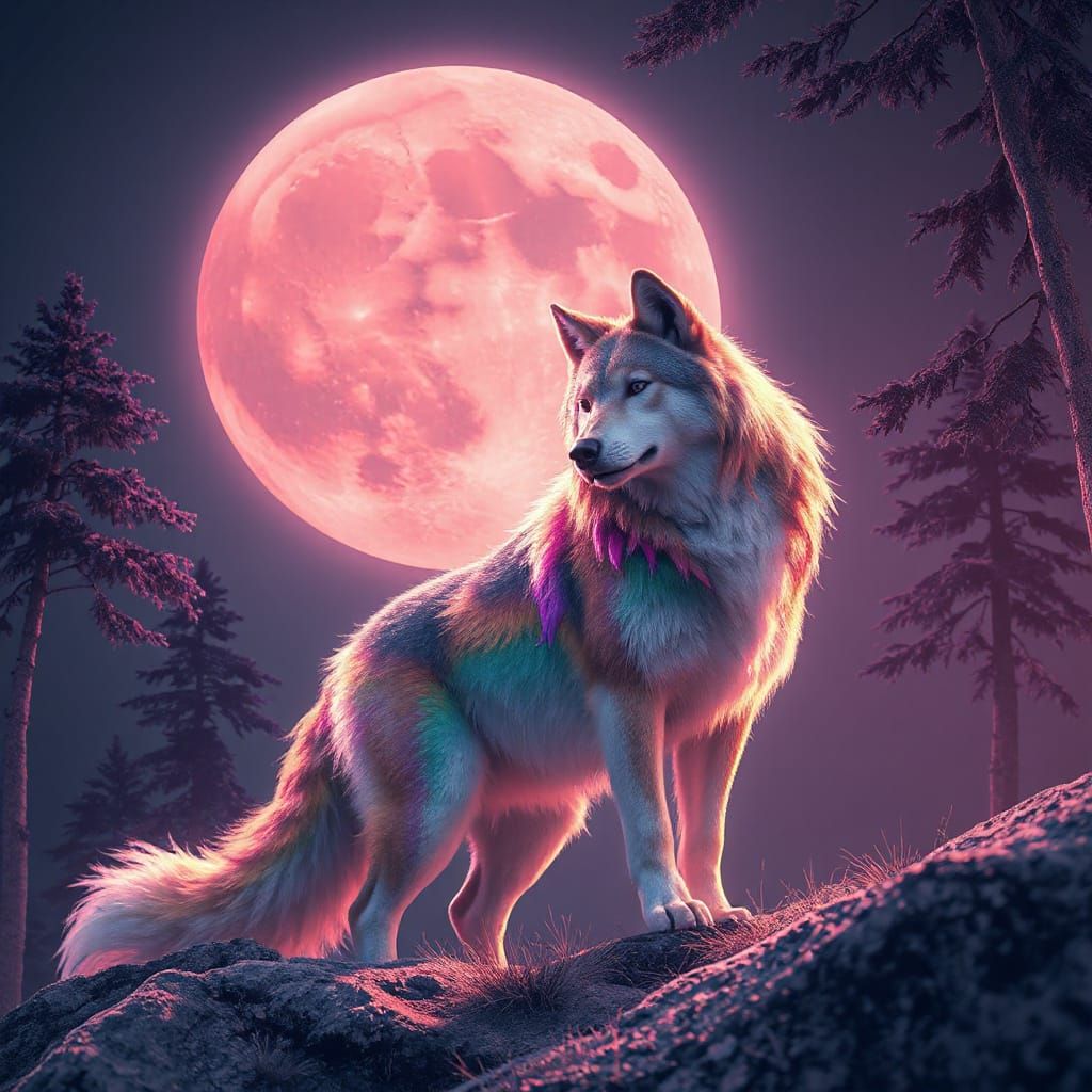 Rainbow Werewolf Howling Under Pink Moon