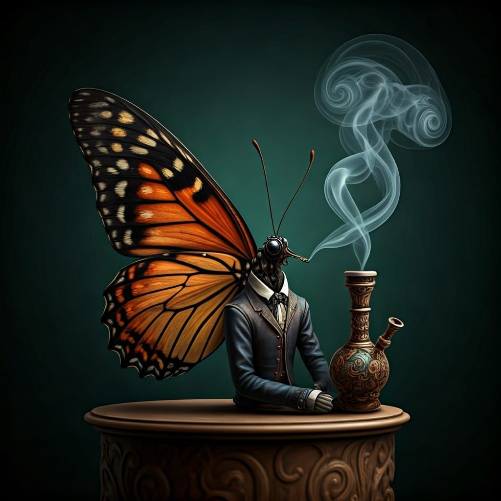 Butterfly Smoking Waterpipe in Dreamlike Art Style