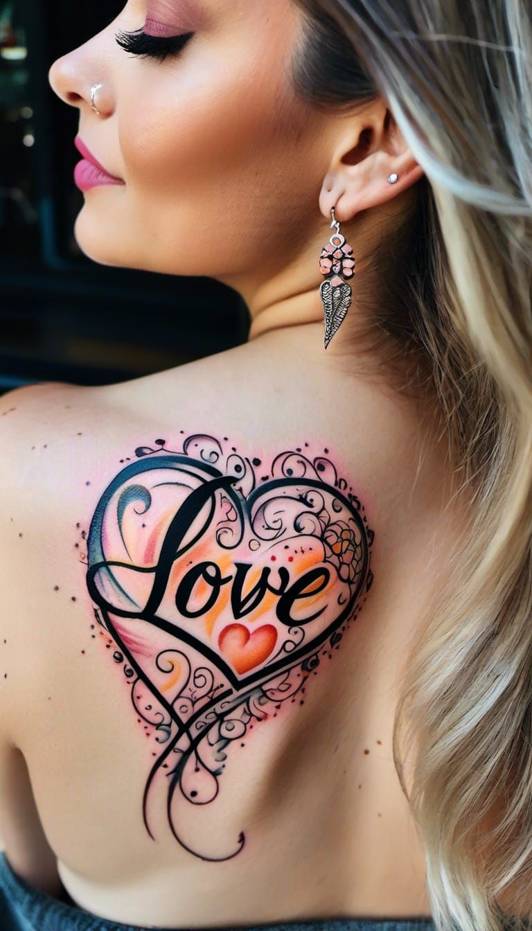 Bohemian Woman's Shoulder Tattoo with 'Love' Text