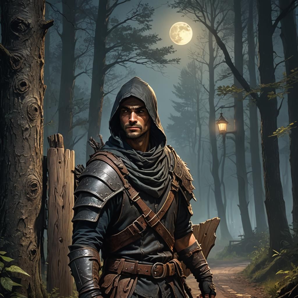 Moonlit Bandit Blocking Forest Road in Hyperrealism