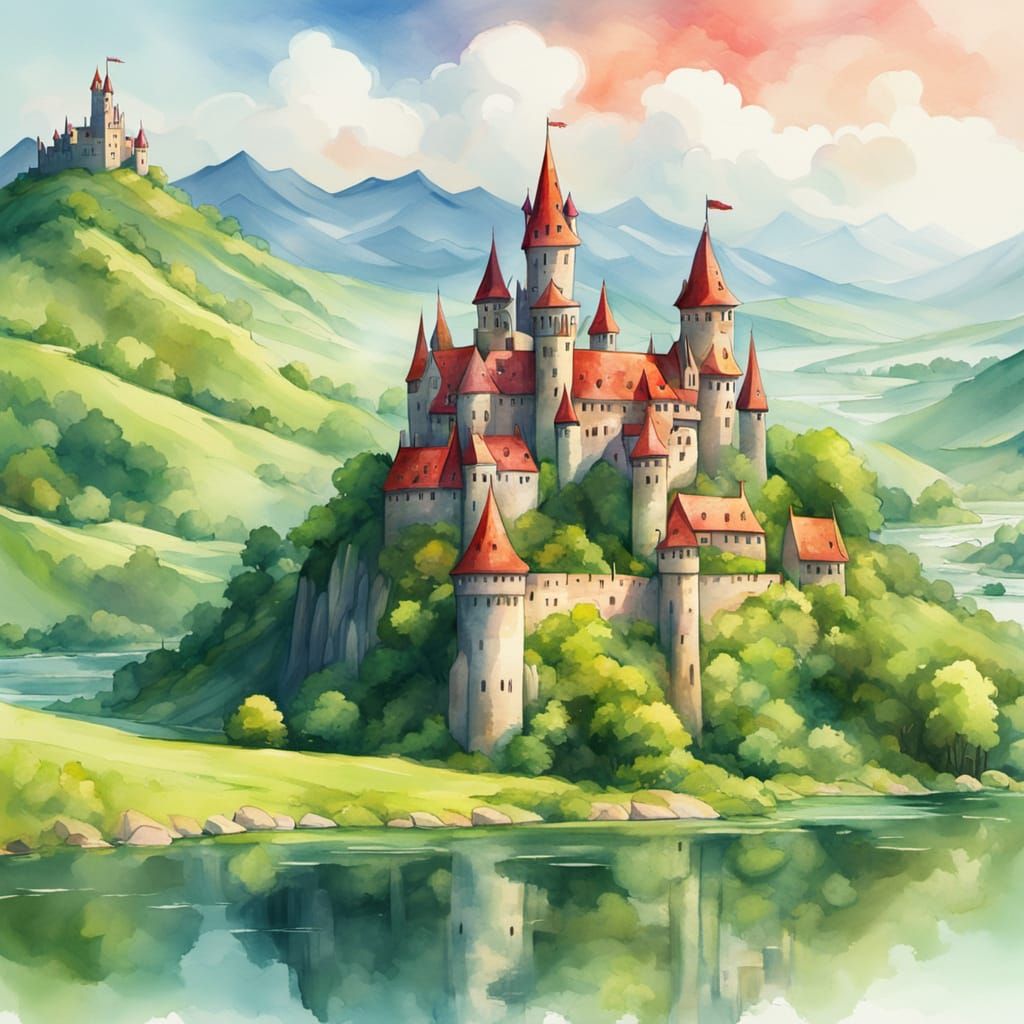 Whimsical Castle Landscape in Watercolor Style