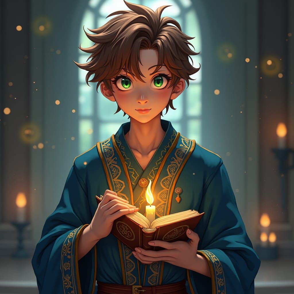 Youthful Acolyte in Temple with Mystical Runes