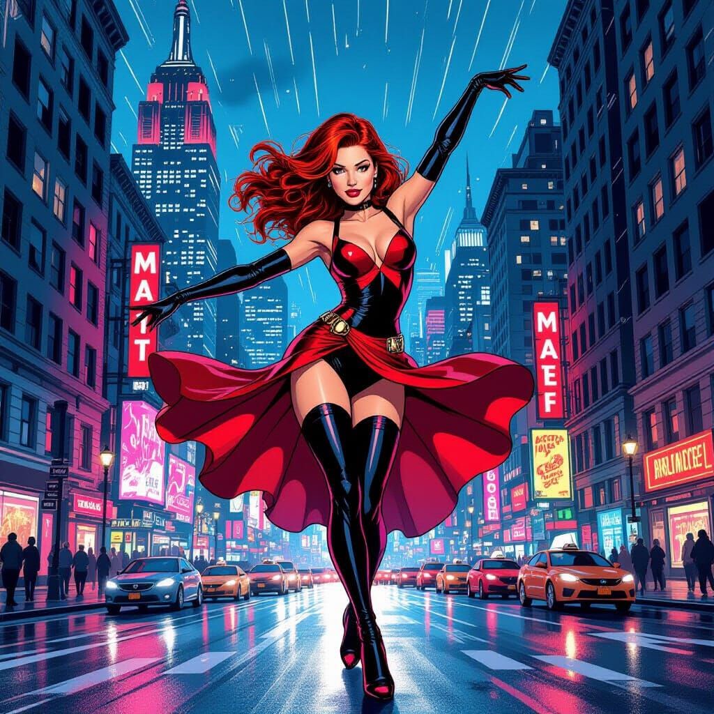 Mary Jane Watson Dancing in Vibrant Comic Style Manhattan