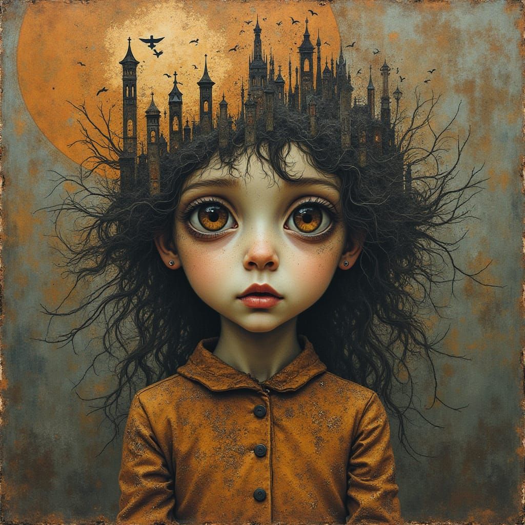 Child Portrait in Old City Ruins on Parchment