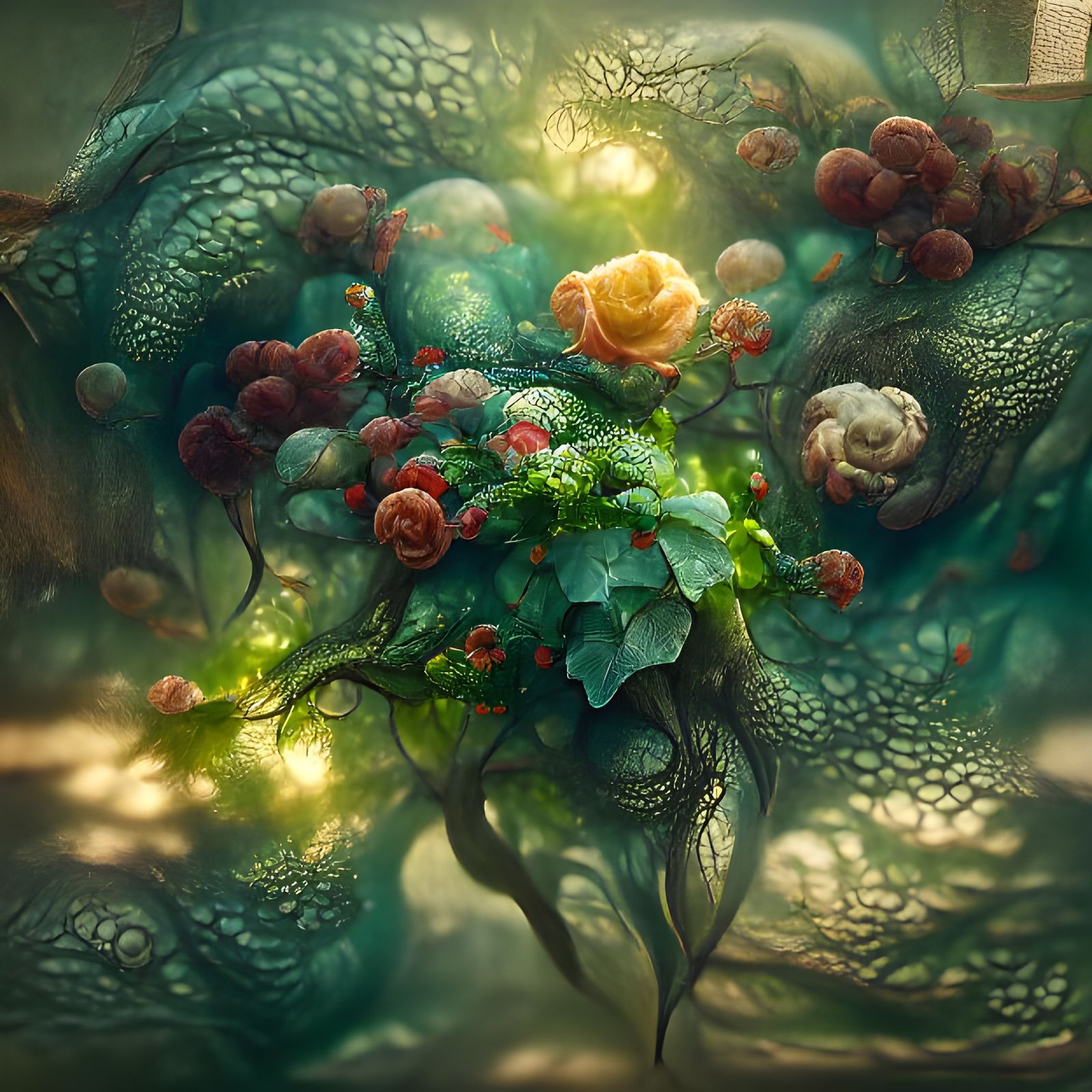 Rose-Adorned Tree in Detailed Digital Watercolor