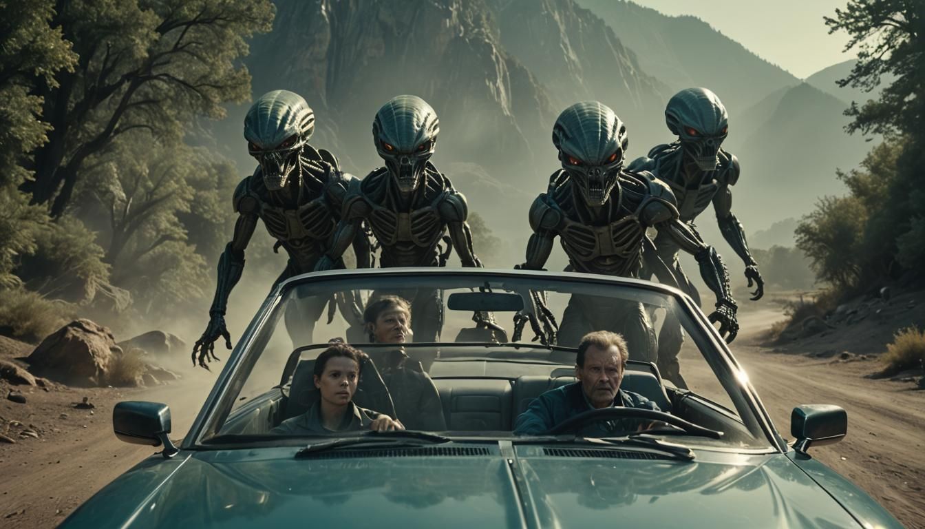 Aliens Cruise in a Corvette Cabriolet: Cinematic Film Still