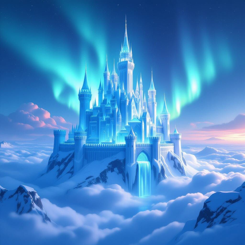 Majestic Ice Castle Floating Above Clouds with Aurora