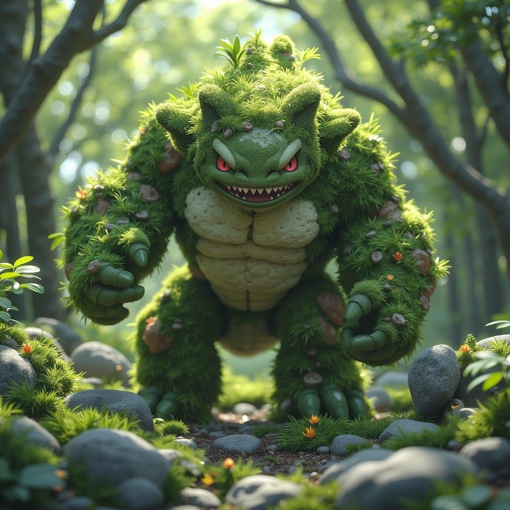 Realistic Cartoon Golem Pokémon Covered in Moss and Rocks