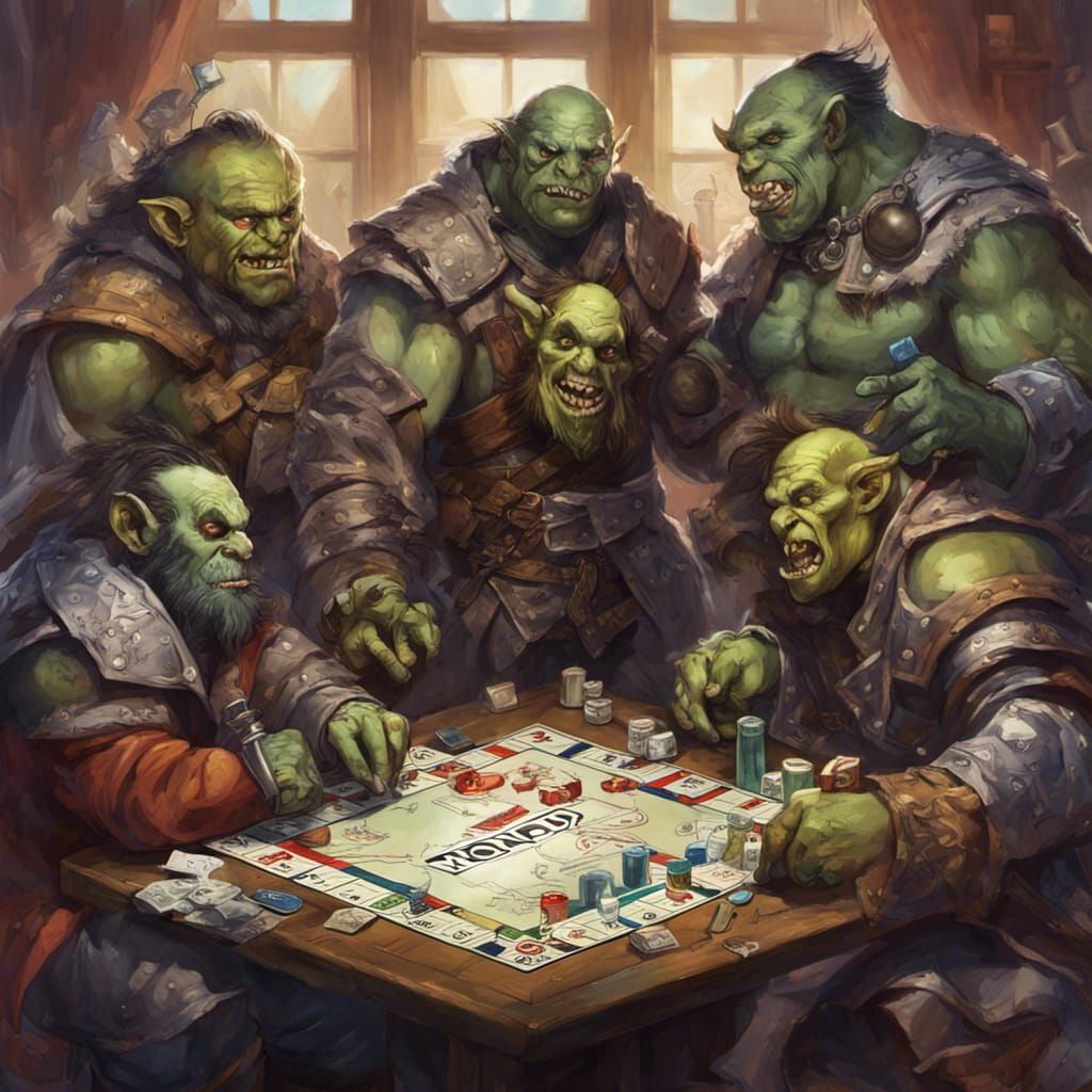 Orcs Playing Monopoly: Hyperrealistic Concept Art