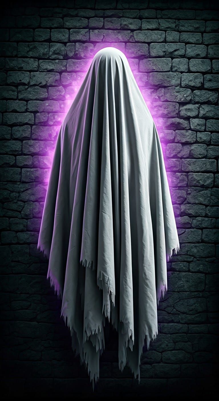 Ethereal Ghost Emerges from Stone Wall in Haunting Purple Au...
