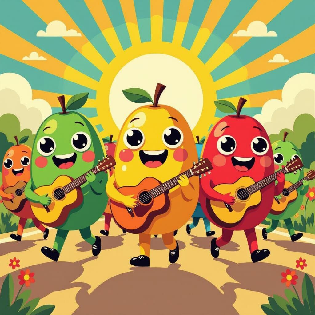 Fruit Band Parade in Flat Cartoon Style