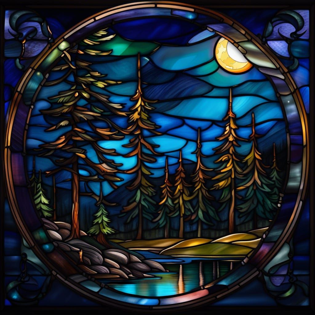 Stained Glass Night Landscape with Spruce Tree