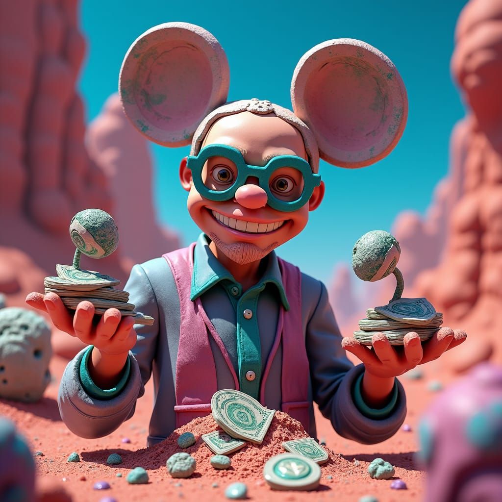 Man with Mickey Ears Molds Money on Alien Planet