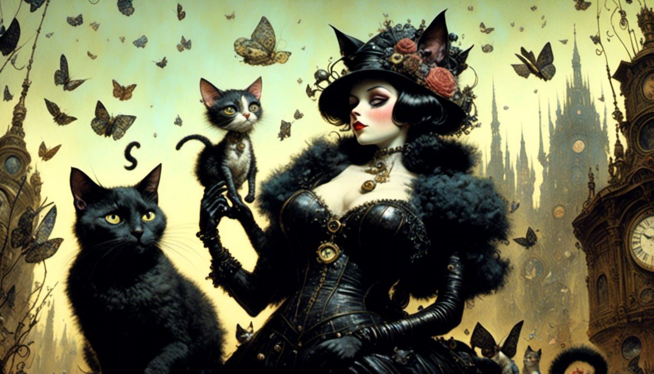 Anthropomorphic Cat Woman Kiss in 1920s Style