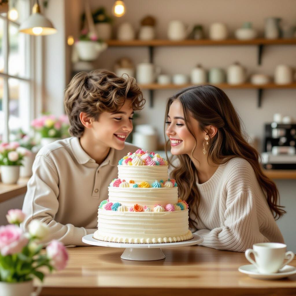 Couple Admiring Cake in Whimsical Storybook Style