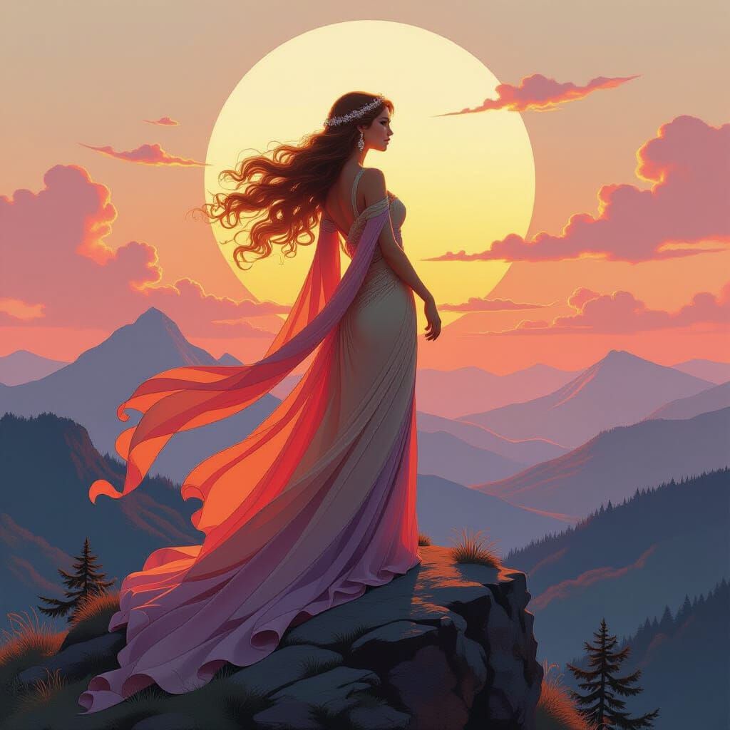 Twilight Goddess on Mountaintop in Art Nouveau Style