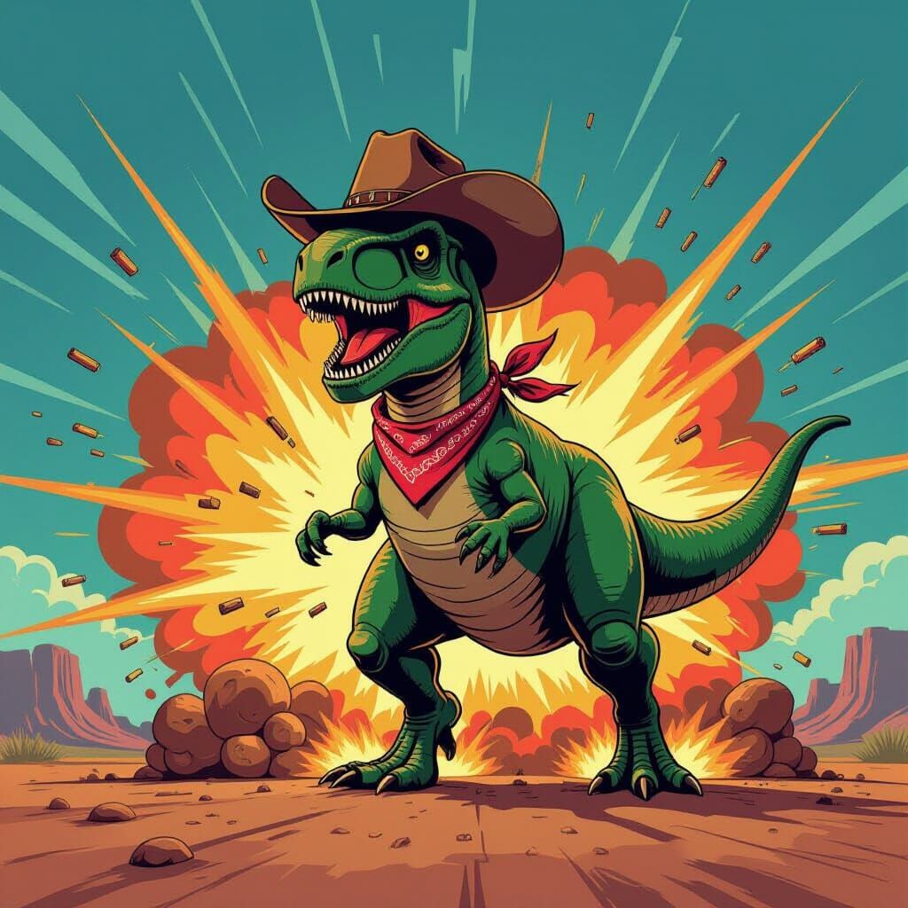 Dinosaur Cowboy Explosion: Stylized Retro-Futuristic Illustr...