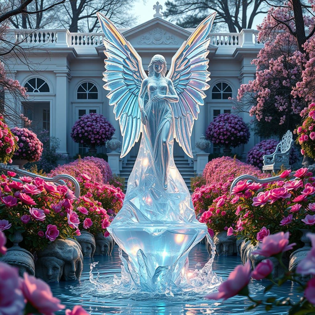 Ethereal Angel Sculpture in a Vibrant Garden of Dreams
